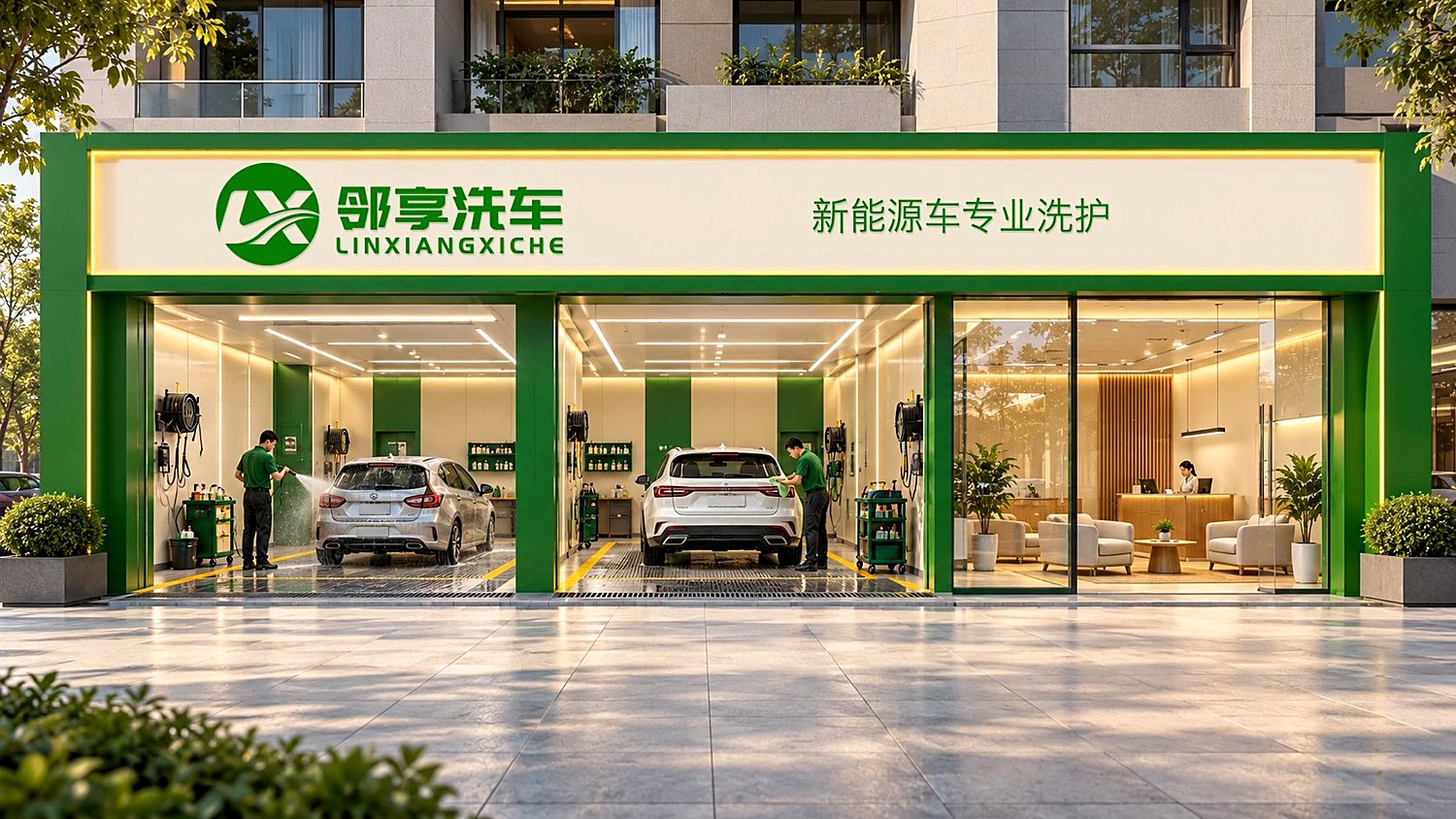 邻享洗车门店形象：绿色门头品牌店招与“新能源车专业洗护”字样，双洗车工位与客户休息区